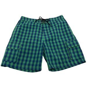 Nautica Swim Trunks Men's 36 Red Plaid Swimwear Cargo Drawstring Board Shorts
